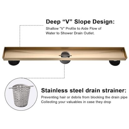 AVSIILE Linear Shower Floor Drain, Brushed Gold 48 Inch 304 Stainless Steel Bathroom Drains Kit, Re - Image 6