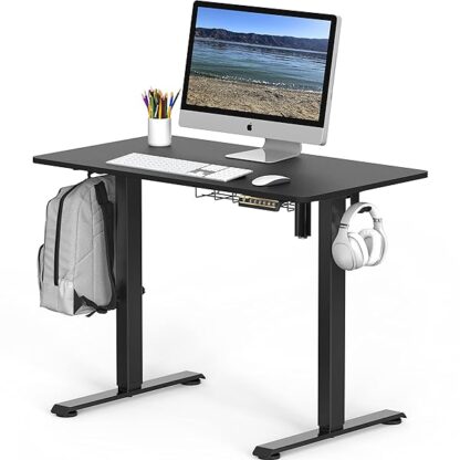 SHW Small Electric Height Adjustable Sit Stand Desk with Hanging Hooks and Cable Management, 40 x 2 - Image 4