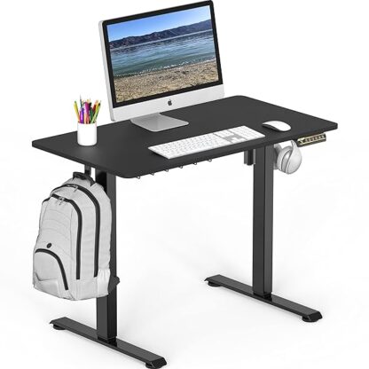 SHW Small Electric Height Adjustable Sit Stand Desk with Hanging Hooks and Cable Management, 40 x 2