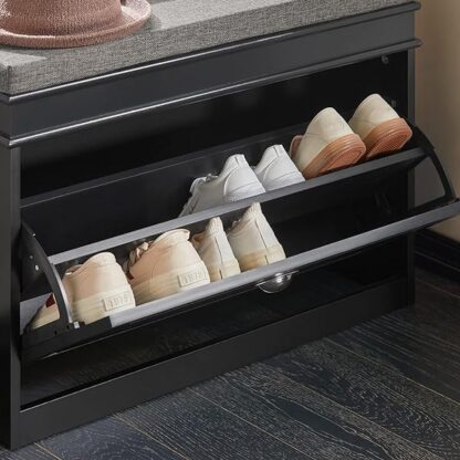 Haotian FSR82-L-SCH, Black Hallway Shoe Bench Shoe Rack Shoe Cabinet with Flip-Drawer and Seat Cush - Image 7