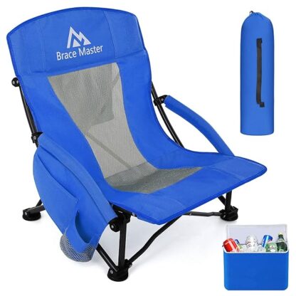 Brace Master Beach Chair Camping Chair,Low Back Sand Chairs,Foldable Mesh Back Design with Cup Hold