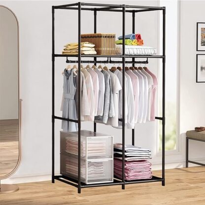 SORCEDAS Portable Wardrobe Closet Storage Organizer Metal Hanging Rack Non-Woven Fabric 34 Inch Bla - Image 5