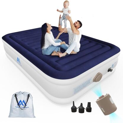 Queen Air Mattress with Built in Pump, 18'' Luxury Comfort Inflatable Mattress with Rechargeable Pump, Portable Cordless Self Blow Up Mattress, Durable Air Bed for Home&Guests, 660lb Max