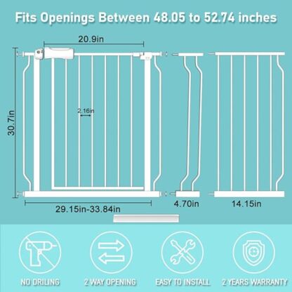 WAOWAO Extra Wide Baby Gate 48.03-52.76" Easy Walk Thru Pressure Mount Auto Close White Metal - Image 6