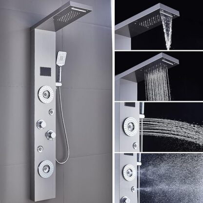 ELLO&ALLO Shower Panel System Tower, Brushed Nickel & LED Rainfall Waterfall Shower Head - Image 7